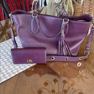 Michael Kors Plum Leather Tote with Tassel and Matching Wallet